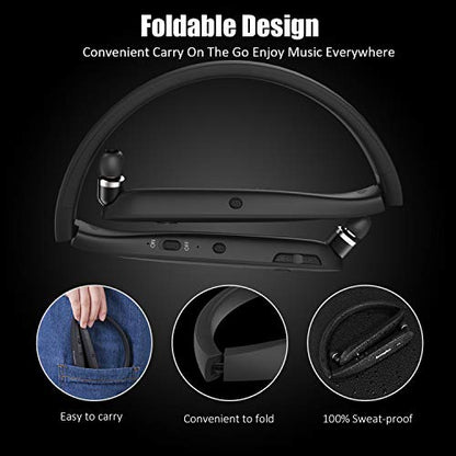 RoomyRoc Bluetooth Headphones, Wireless Neckband Headset Evoking Siri & Bixby with Retractable Earbuds, Sports Sweat-Proof Noise Cancelling Foldable Stereo Earphones with Mic (Black)