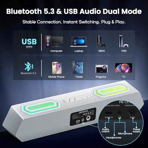 Deeyaple Computer Speakers, 40W PC Speakers for Desktop Monitor with Bluetooth 5.3 & USB Audio, HiFi Stereo Gaming Soundbar with Custom EQ Software, Dynamic RGB Lighting for Laptop, PS4, PS5, White.