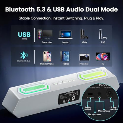 Deeyaple Computer Speakers, 40W PC Speakers for Desktop Monitor with Bluetooth 5.3 & USB Audio, HiFi Stereo Gaming Soundbar with Custom EQ Software, Dynamic RGB Lighting for Laptop, PS4, PS5, White.