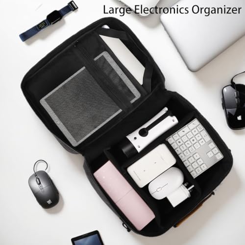 Extra Large Electronics Organizer Travel Case, Cable Organizer Bag with Shoulder Strap, Electronics Accessories Storage Double Layer Bags for Cord, Tablet, Headphone, Charger, Tools, DJ Gifts-Black