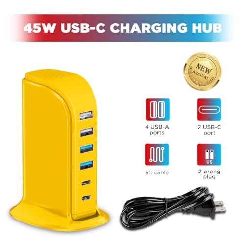 45W USB Charging Station, 6-Port Hub with 4 USB-A & 2 USB-C Ports, 5ft Cable, Yellow - color: yellow usb c charger block