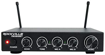 Rockville RKI65BT Dual UHF Wireless Microphones Karaoke Interface, Bluetooth Connectivity, Adjustable Echo, 8 Switchable Frequencies, Perfect for Home Karaoke and Parties | 2 UHF Mics, 8 Frequencies, 200 Ft Range, Optical/Coax/Aux Inputs, 1/4" Mix Output,