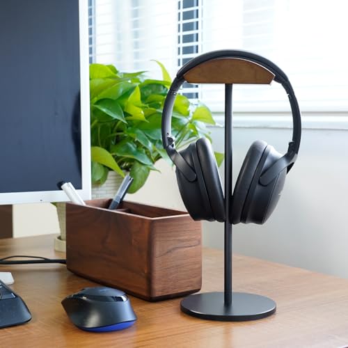 GEVO Headphone Stand for Desk, Walnut Wood & Aluminum Headset Stand, Universal Walnut Gaming Headset Holder with Solid Heavy Base for AirPod Max, Bose, Sony All Headphone Sizes (Circular Base)
