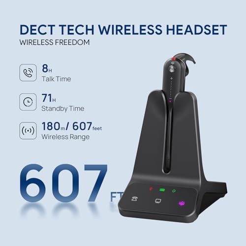 Yealink DECT Wireless Headset,Single Ear (Mono) Convertible Office Headset | WH63 E2 UC,Noise Canceling Mic,607Ft Range,3 Wearing Styles,Connects to Desk Phone and Computer/PC/Laptops