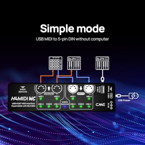 CME H4MIDI WC Advanced USB Host MIDI Interface | Router, Filter, Mapper, Optional WIDI Bluetooth MIDI, Standalone 9V Power Mode, For Guitarists and Producers