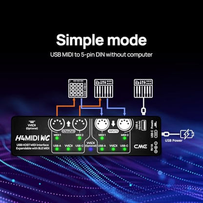 CME H4MIDI WC Advanced USB Host MIDI Interface | Router, Filter, Mapper, Optional WIDI Bluetooth MIDI, Standalone 9V Power Mode, For Guitarists and Producers