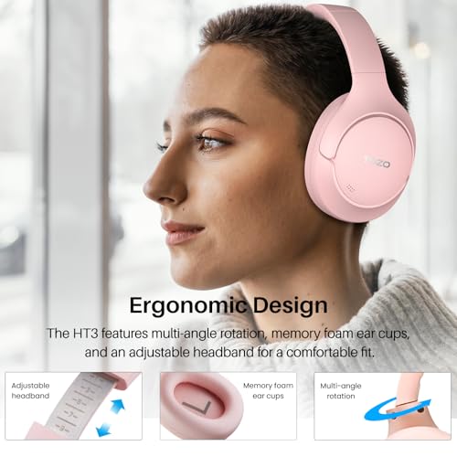 TOZO HT3 Hybrid Noise Cancelling Wireless Headphones, 90H Over Ear Headset | Hi Res Audio, AI Voice Assistant, Dual Device Connection, 32 Custom EQs, Built In 5 Mics, ANC, Foldable with Case - color: Pink