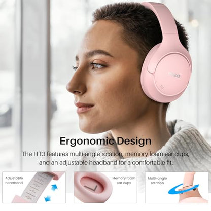 TOZO HT3 Hybrid Noise Cancelling Wireless Headphones, 90H Over Ear Headset | Hi Res Audio, AI Voice Assistant, Dual Device Connection, 32 Custom EQs, Built In 5 Mics, ANC, Foldable with Case - color: Pink