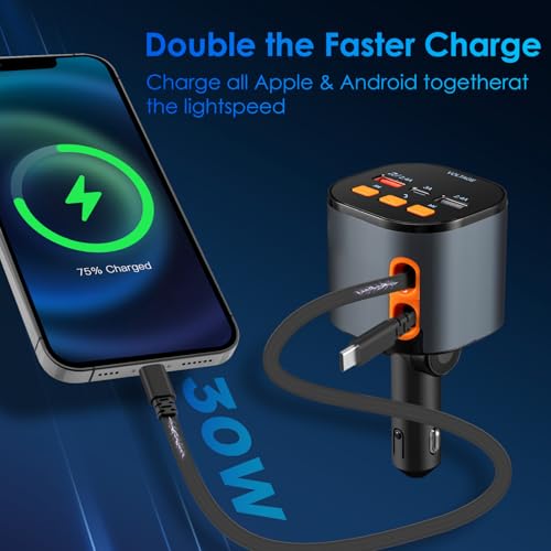 Retractable Car Charger,5 in 1 Fast Cars Phone Charger 90W,Bluetooth 5.3 FM Transmitter Adapter,Handsfree Call,2 Retractable Cables and USB Chargers for iPhone17/16 15/14/13 - color: Black
