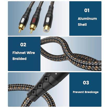 EMK RCA Splitter 2 Male to Female Extension Cable Dual Shielding Gold Plated Nylon Braided RCA Splitter 1 Female to 2 Male Cord Adapter Black/1ft/30CM - size: 1ft/0.3m, style: Black*1Female to 2Male