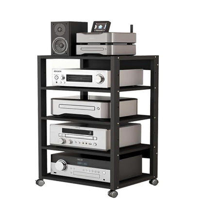 5 Tier Audio Rack Tower, CD Record Player Stereo Receiver AV Equipment Cabinet Display Rack, Weight Capacity 661 lbs, with Adjustable Wooden Shelves for Home (5 Tier Black) - size: 5 Tier Black