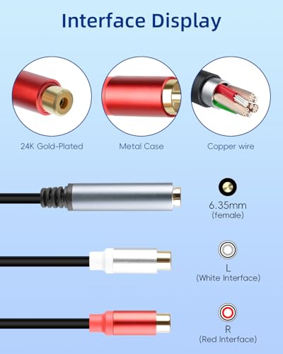 GELRHONR RCA to 1/4 Female Adapter Splitter Cable, 6.35mm to Dual RCA Audio Cable for Amplifier, Microphone, TV and More 30cm (1Female to 2 Female) - color: 1Female to 2 Female