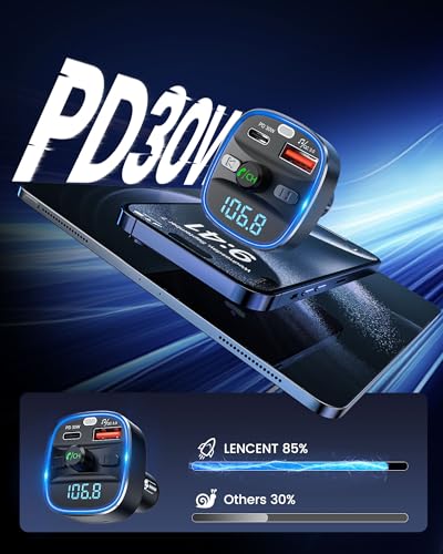 LENCENT Bluetooth 5.4 FM Transmitter Car Adapter 48W PD Fast Charging | PD 30W & 18W, 7 Color Light Wireless Radio Music Adapter Hands-Free Calling, Support USB Drive & TF Card - color: Colorful-48W