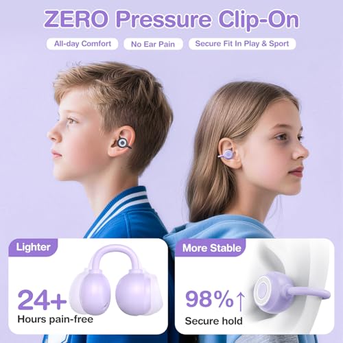 QearFun Kids Cat Open Ear Earbuds with Rotatable Case, 85dB Safe Volume | Kid Clip On Earbuds with Mic, Wireless Bluetooth Headphones, 30+H Playtime, Waterpoof, Anti-Lost Lanyard, Travel School Gift - color: Purple Earbuds