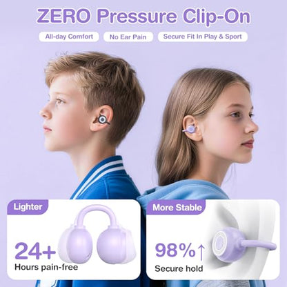 QearFun Kids Cat Open Ear Earbuds with Rotatable Case, 85dB Safe Volume | Kid Clip On Earbuds with Mic, Wireless Bluetooth Headphones, 30+H Playtime, Waterpoof, Anti-Lost Lanyard, Travel School Gift - color: Purple Earbuds