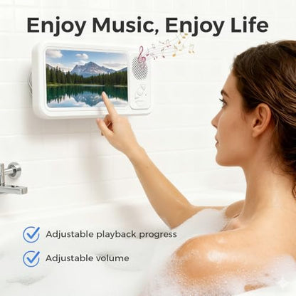 Shower Phone Holder with Wireless Bluetooth Speaker, 2026 Upgraded Waterproof/Fog-Resistant for Any Phone, Shower Phone Holder Waterproof Wall Mounted PhoneHolder for Bathroom Mirror (1, White)