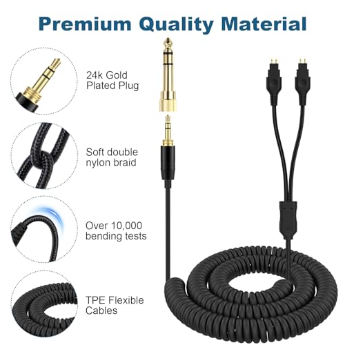 Saipomor Replacement Coiled Audio Cable Compatible with Sennheiser HD660S HD6XX HD650 HD58X HD600 HD580 HD565 HD545 HD535 Headphones – Dual 2-Pin to 3.5mm & 6.35mm Stereo Cable, 5-10FT Coiled Cord