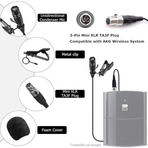 Lavalier Microphone Lapel Mic Compatible with AKG Bodypack | Unidirectional Condenser Super Cardioid Clip-On Mic for Wireless Transmitter System with Mini XLR 3 Pin TA3F Plug - style: Mini XLR 3 Pin TA3F Plug Compatible with AKG Only