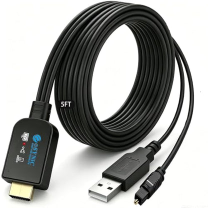 eSynic 192KHZ eARC to Optical Converter-5 ft Long Compact Cable Designed | USB Powered-Dolby5.1/DTS 5.1/PCM 2.0 Formats-For HDTV ARC & eARC Port to Optical Soundbar-Make Sure CEC is Enabled on your TV - size: 5 ft Cable Long