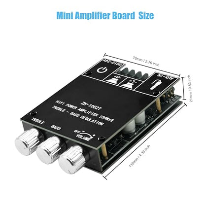 ZK-1002T 100W+100W Bluetooth Amplifier Board with Treble and Bass Control, 2.0 Channel Stereo Audio Mini Power Amplifier Board, TPA3116D2 Chip DC 9-24V, BT and AUX Inputs for DIY Wireless Speakers - size: Small