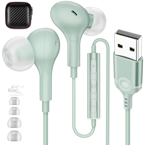 USB Earbuds with Microphone for PC Laptop,Wired USBA Headset,Green | in Ear Buds Noise Isolating Light Laptop Earphones,Headphones with Mic for Dell HP Computer PC Office Zoom Work Gaming School - color: Green