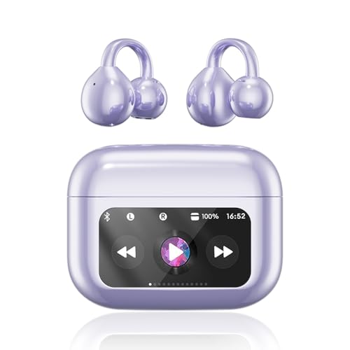Clip On Ear Headphones, Open Ear Earbuds Wireless Bluetooth 5.4, Clip On Earbuds with LCD Touchscreen, Lightweight Comfort Open Ear Headphones for Pad Tablet Laptop Android/iOS Phones (Purple) - color: Purple