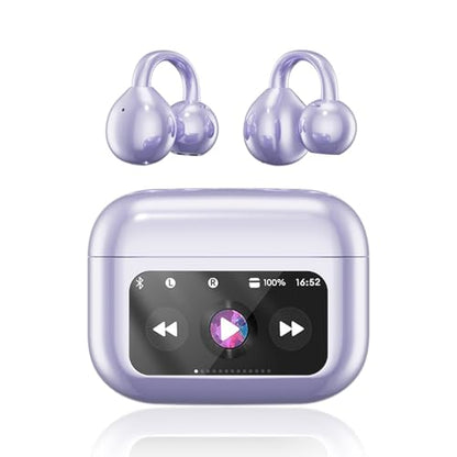 Clip On Ear Headphones, Open Ear Earbuds Wireless Bluetooth 5.4, Clip On Earbuds with LCD Touchscreen, Lightweight Comfort Open Ear Headphones for Pad Tablet Laptop Android/iOS Phones (Purple) - color: Purple