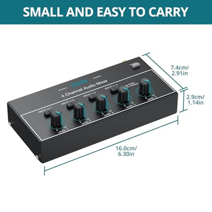 Mini Audio Mixer, 4 Channel Stereo Line Mixer 1/4" & 1/8" TSR Audio Output Input Jack, Line Mixer Stereo/Mono Independent Control and Switch for Guitars,Bass,Keyboards, Dynamic Microphone - size: Medium(4-channel)
