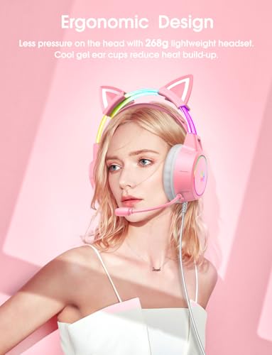 Lightweight Gaming Headset, RGB Lighting, Wired Over Ear Headphones with Mic for PC Laptop PS4 PS5 Switch, Stereo Surround Sound, Self-Adjusting Headband, Pink Cat Ear - color: Pink Cat Ear