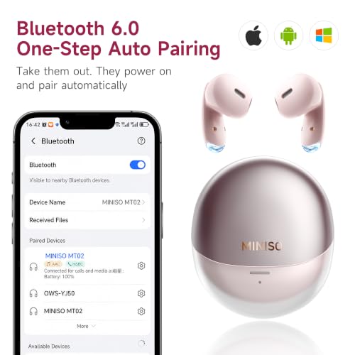 MINISO True Wireless Earbuds with Charging Case, Bluetooth 6.0 Ear Buds | In Ear Headset, HiFi Stereo, 50 H Playback Earphones with ENC Mic, Hands-Free Clear Calls for TV Smart Phone Laptop Sports - color: Pink