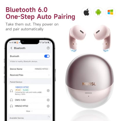 MINISO True Wireless Earbuds with Charging Case, Bluetooth 6.0 Ear Buds | In Ear Headset, HiFi Stereo, 50 H Playback Earphones with ENC Mic, Hands-Free Clear Calls for TV Smart Phone Laptop Sports - color: Pink