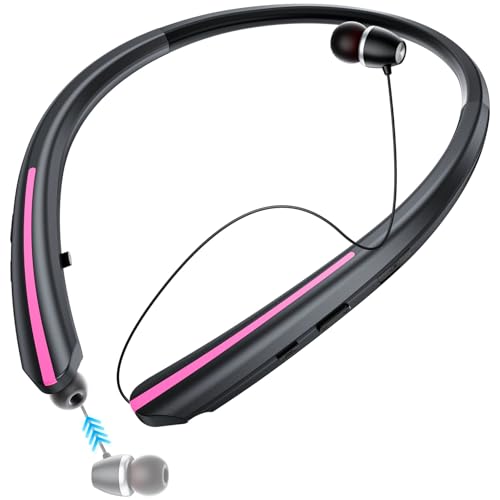 Neckband Retractable Bluetooth Headphones, Wireless Headset with 22H Playtime, Sweat-Resistant Sports, Dual Device Connect, Noise Cancelling Earphones with Mic (Pink) - color: PINK