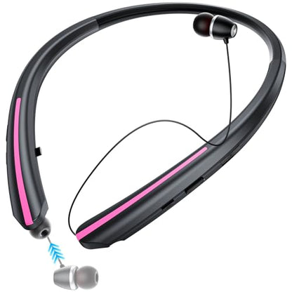 Neckband Retractable Bluetooth Headphones, Wireless Headset with 22H Playtime, Sweat-Resistant Sports, Dual Device Connect, Noise Cancelling Earphones with Mic (Pink) - color: PINK