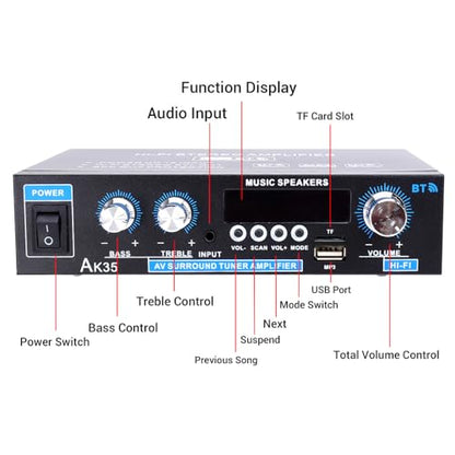 AK35 Stereo Amplifier Home Audio Bluetooth 5.0 Max 200W 2.0 Channel Mini Amplifier Stereo Receivers for Car, Home Party, Audio Amplifier AMP w/USB/TF Card/AUX Input/Bass & Treble Control - size: AK35