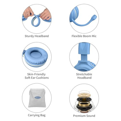 SIMOLIO Wired Headphones for School with Microphone, Stereo Kids Headphone with Flexible Swivel Boom Mic for Student K12 & Teacher & E-Learning, 3 Levels Volume Limiter Gaming Headsets for Boys, Girls - color: Light Blue