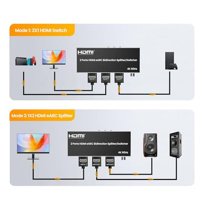 HDMI eARC Audio Extractor, HDMI Splitter 1x2, 4K@60Hz Switch 2 in 1 Out