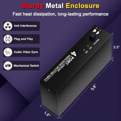 2 in 4 Out RCA Switch Splitter Composite Stereo AV Switcher Box | Composite Video L/R Audio Selector for VCR, DVD Player, Retro Game Console, Security Camera, Home Theater Systems