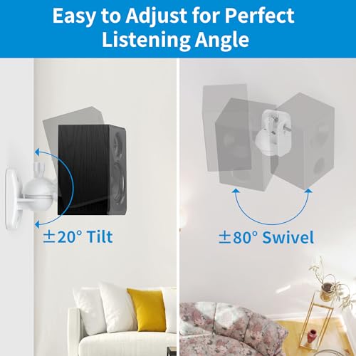 PlusAcc Speaker Wall Mount, Surround Speakers Brackets, 2 Pack, White | 20° Tilt & 80° Swivel, Adjustable Mounting Bookshelf Shelf for Home Theater, Hold up to 8 lbs - color: White, size: 2 Pack