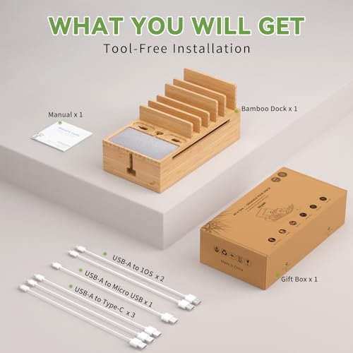 Pezin & Hulin Bamboo Charging Stand Rack, No Power Adapter Supply -Natural | Wooden Charge Box for Mobile Phones, Tablets, Smart Watch and Earbuds, Wire Cable Organizer Box, Bedside Dock Stand Holder - color: Natural (No Charger)