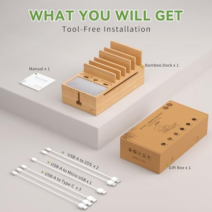 Pezin & Hulin Bamboo Charging Stand Rack, No Power Adapter Supply -Natural | Wooden Charge Box for Mobile Phones, Tablets, Smart Watch and Earbuds, Wire Cable Organizer Box, Bedside Dock Stand Holder - color: Natural (No Charger)