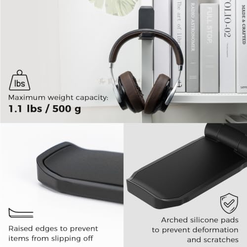 KIWIFOTOS Adhesive Desk Headphone Hanger, Foldable PC Gaming Headset Holder Stand, Adhesive Holder Mount for Wall, Headphones Hook Mount Under Desk - Black - color: Black