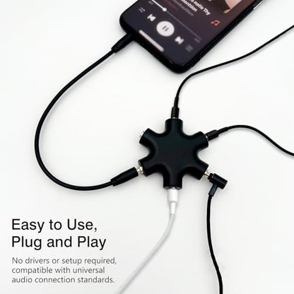 6-Way Headphone Audio Splitter – 3.5mm Male to 5-Port Female Stereo Adapter Cable for iPhone, Headsets, and Earphones