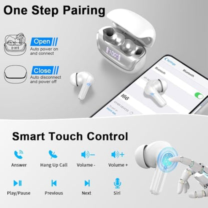 Nerunsa Wireless Earbuds, Bluetooth 5.4 Headphones HiFi Stereo, 50H Playtime in-Ear Headphones with ENC Noise Cancelling Mics, IP7 Waterproof Wireless Headphones, Earbuds with LED Display - color: pure white