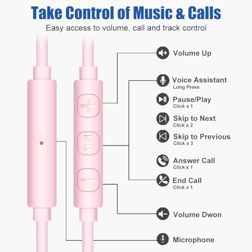 Joysico Wired Over Ear Earbuds Headphones with Mic and Volume Control Pink | Wrap Around Ear Hook Secure Fit, Earphone Case, Sport Running Exercise Gym Workout Sweatproof, For Cellphones Laptops Tablets