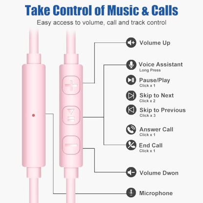 Joysico Wired Over Ear Earbuds Headphones with Mic and Volume Control Pink | Wrap Around Ear Hook Secure Fit, Earphone Case, Sport Running Exercise Gym Workout Sweatproof, For Cellphones Laptops Tablets