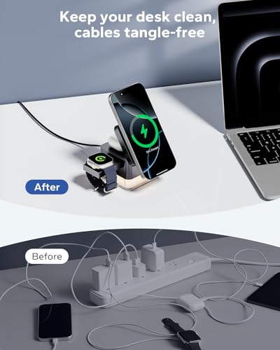 for iPhone Nightstand Charging Station, 15W 3 in 1 Wireless Phone Charger Stand with Night Lamp, Charging Dock for MagSafe, Foldable Cube, for iPhone 17/16/15/14/13/12, iWatch/AirPods, Gray - color: Gray