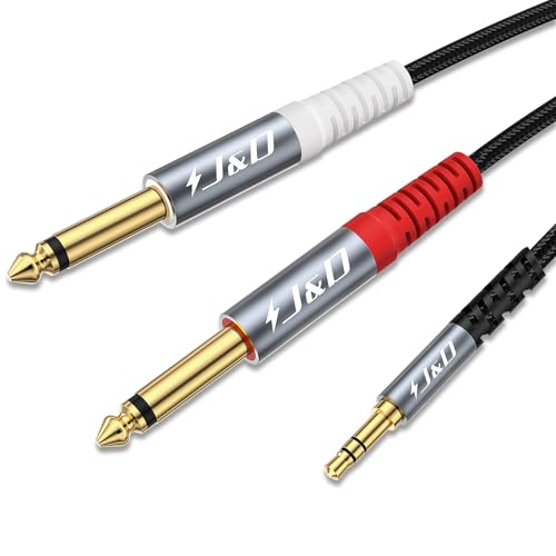 J&D 1/8 to 1/4 Stereo Cable, 3.5mm TRS to Dual 6.35mm TS Mono Y-Splitter Adapter Nylon Braid Jack Breakout Cord for Smartphone, CD Player, Speakers and Home Systems Amplifier, 6.6 Feet, Grey - size: 6.6 ft