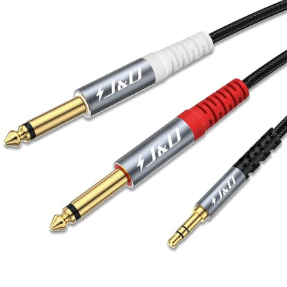 J&D 1/8 to 1/4 Stereo Cable, 3.5mm TRS to Dual 6.35mm TS Mono Y-Splitter Adapter Nylon Braid Jack Breakout Cord for Smartphone, CD Player, Speakers and Home Systems Amplifier, 6.6 Feet, Grey - size: 6.6 ft