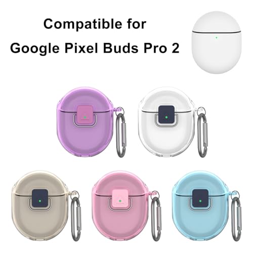[Upgrade Lock] Case for Google Pixel Buds Pro 2, VAEKNVG Shock-Absorbing Protective Armor Cover for Pixel Buds Pro 2 Accessories, TPU Hard Shell with Carabiner (Clear Pink)
