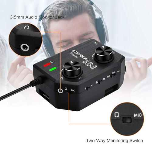 Comica LINKFLEX.AD3 2-Channel XLR/3.5mm/6.35mm Microphone Audio Mixer Preamp with Phantom Power, Real-time Monitoring, Guitar Audio Interface Microphone for DSLR Cameras Camcorders Smartphones Tablets | XLR/3.5mm/6.35mm mic preamp mixer, 48V phantom & ste